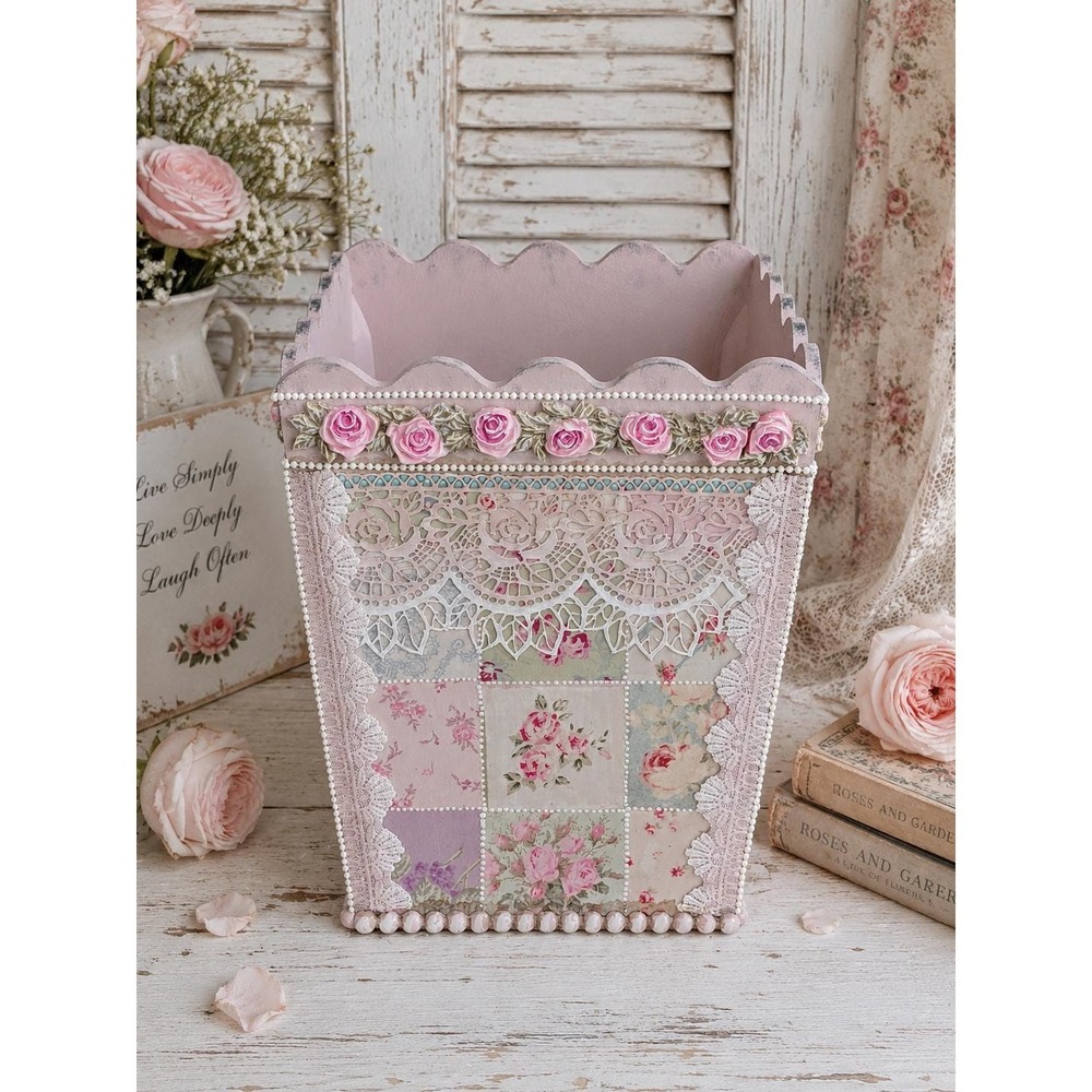 Rachel Ashwell Inspired Shabby Chic Rose Cottagecore Pink Patchwork Wastebasket - Picture 2 of 13